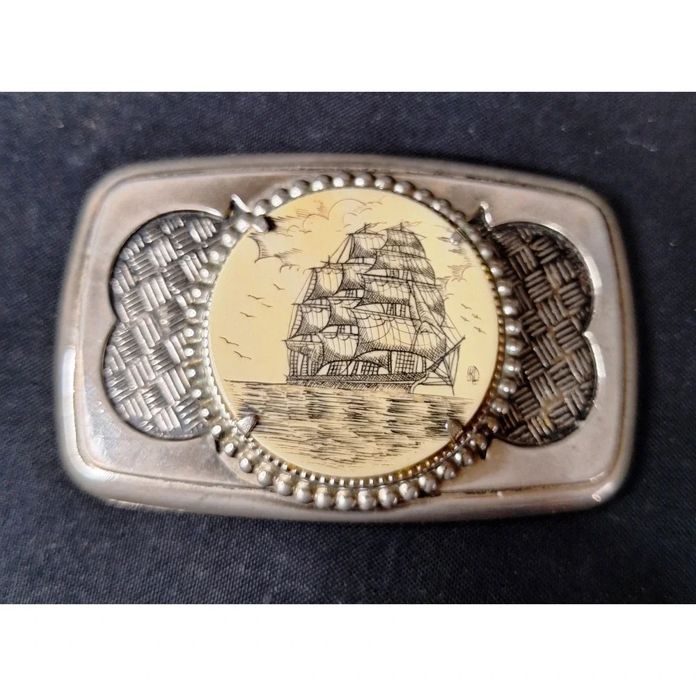 Vintage Scrimshaw Tall Ship Belt Buckle Silver Tone Nautical Sailing‎ Boat RD
